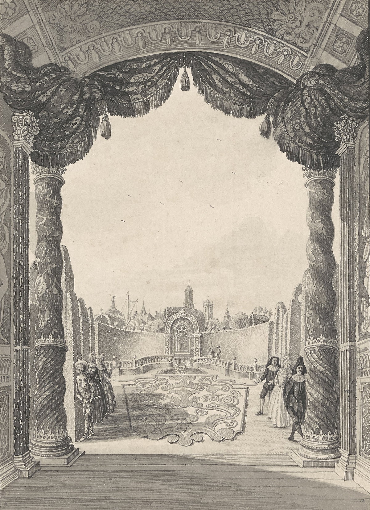 Zijdebalen Gezicht vanuit het theater met figuren uit de Commedia dell Arte