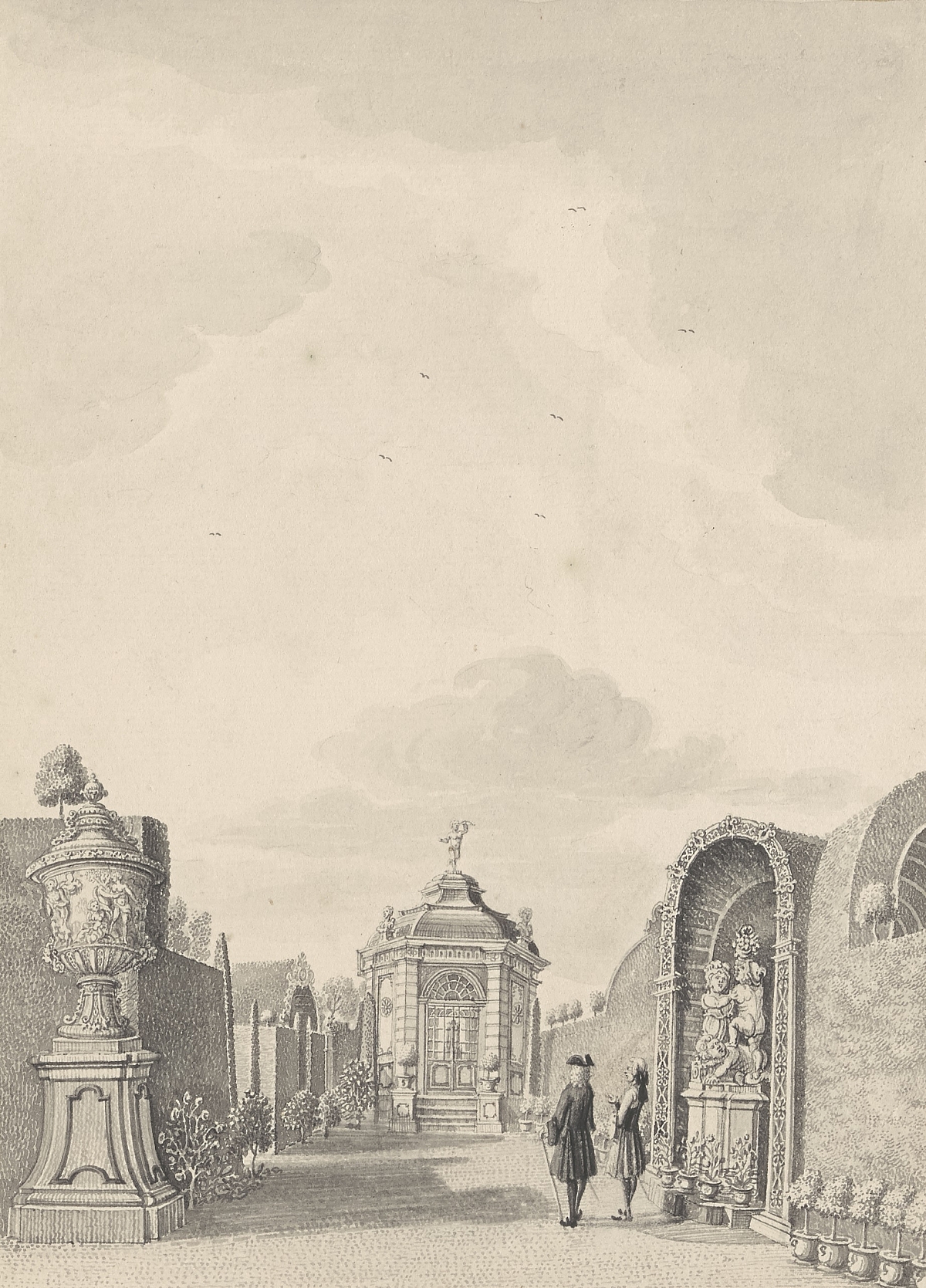 Zijdebalen Gezicht op het speelhuis langs de berceau van de mineralengrot