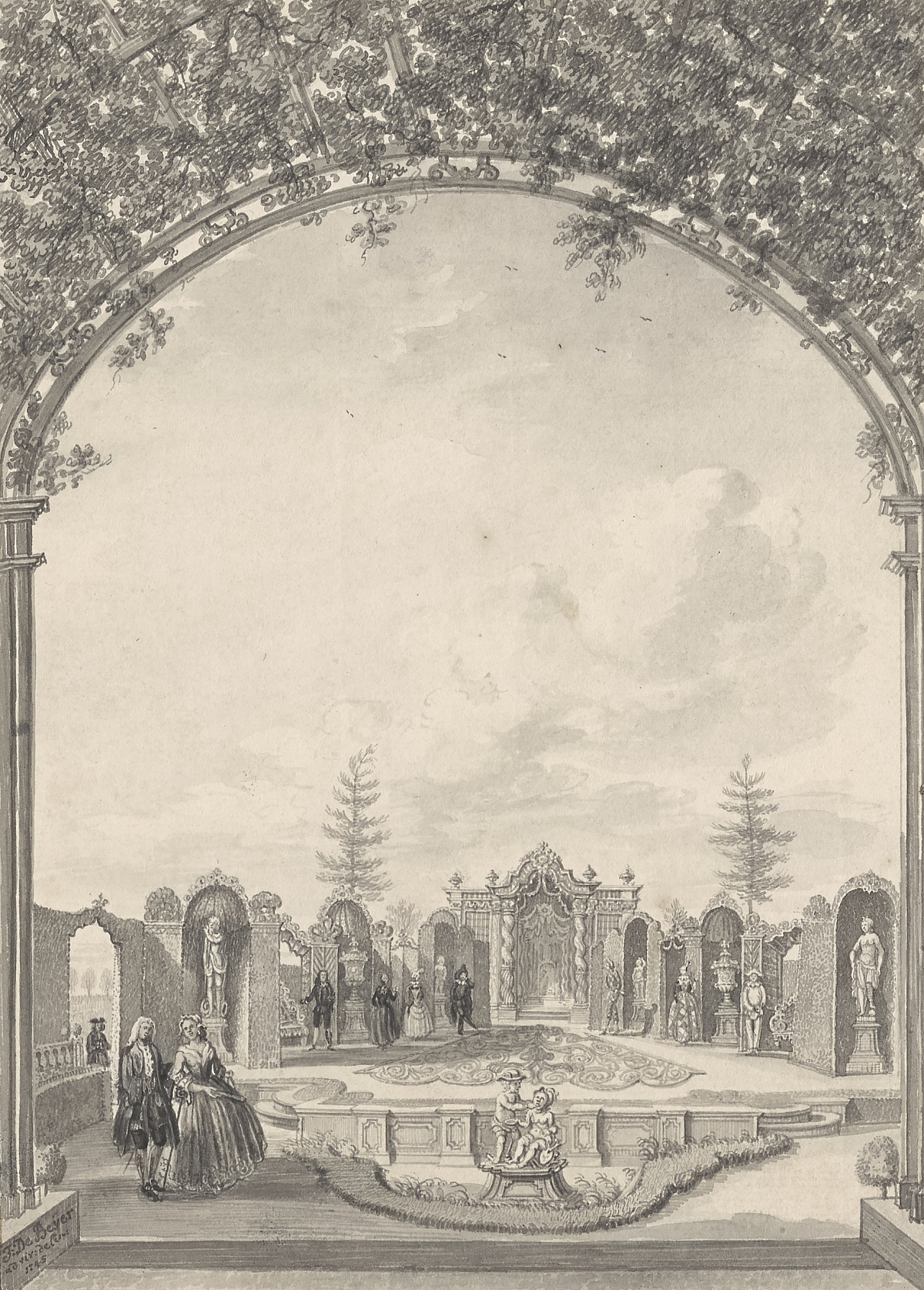 Zijdebalen Gezicht op het theater met figuren uit de Commedia dell Arte