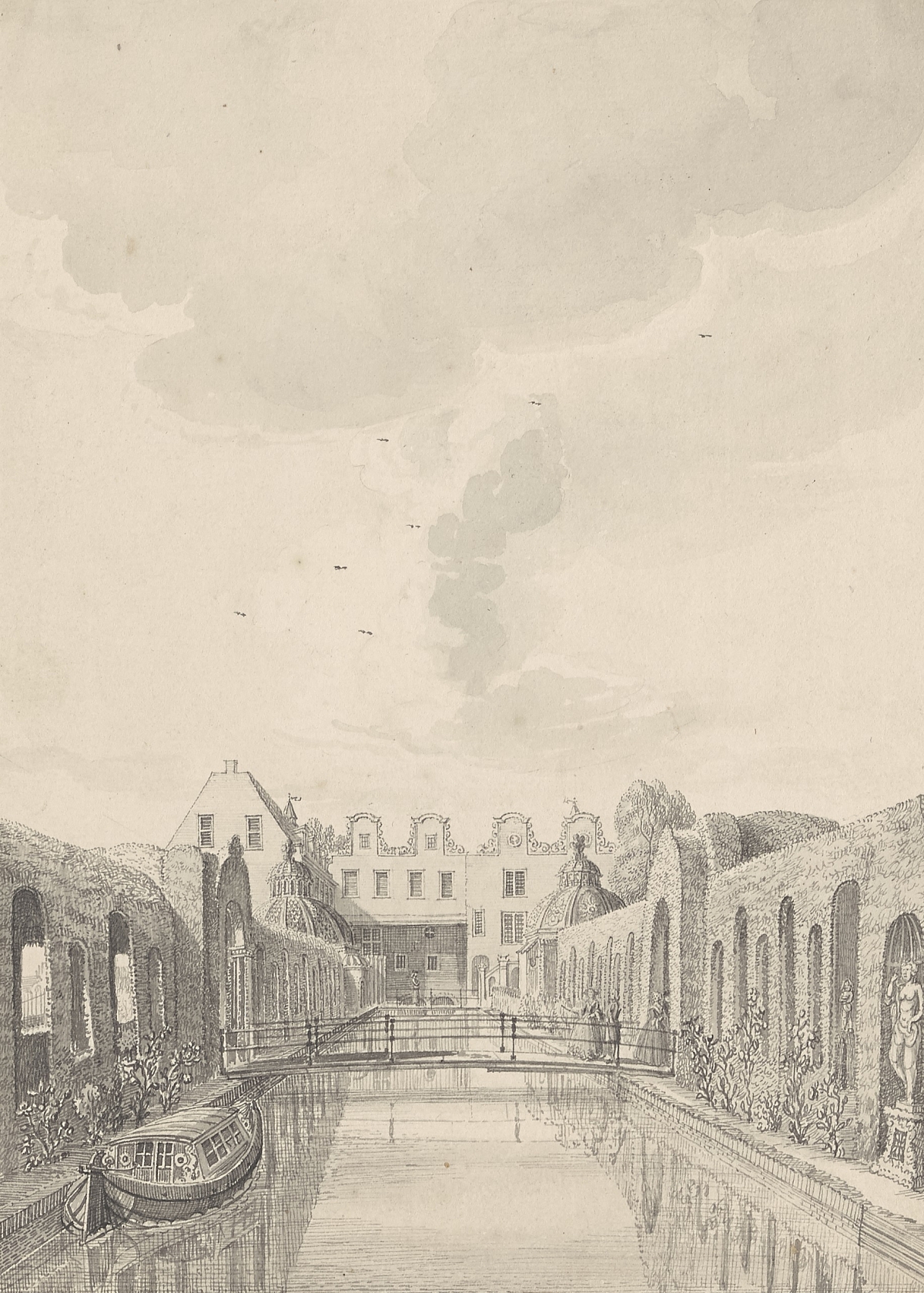 Zijdebalen Gezicht op de nieuwe fabriek en de beide grotten vanuit het speelhuis