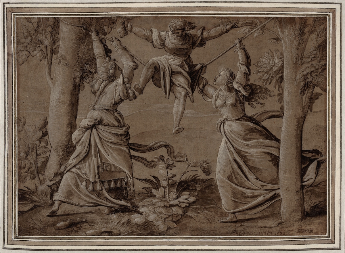 Meester van de raadselachtige zinnebeelden twee vrouwen vechten om de aandacht van een man