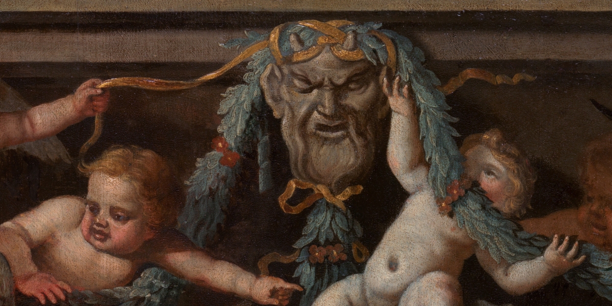 De Man Beschilderde lijst met putti en toiletartikelen detail met saterkop